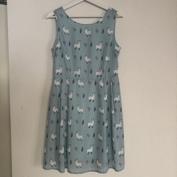 LA Soul Dress With Lama Print Sz M Fit And Flare Light Blue With Pockets Y2K - Picture 10 of 11